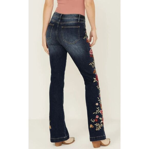Driftwood xFree People Sz 29 Med. Wash Wyatt Floral Embroidered Bootcut Jeans - Picture 10 of 12